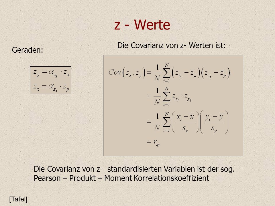 z - Werte Die Covarianz von z- Werten ist: Geraden: