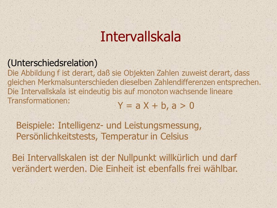 Intervallskala (Unterschiedsrelation) Y = a X + b, a > 0