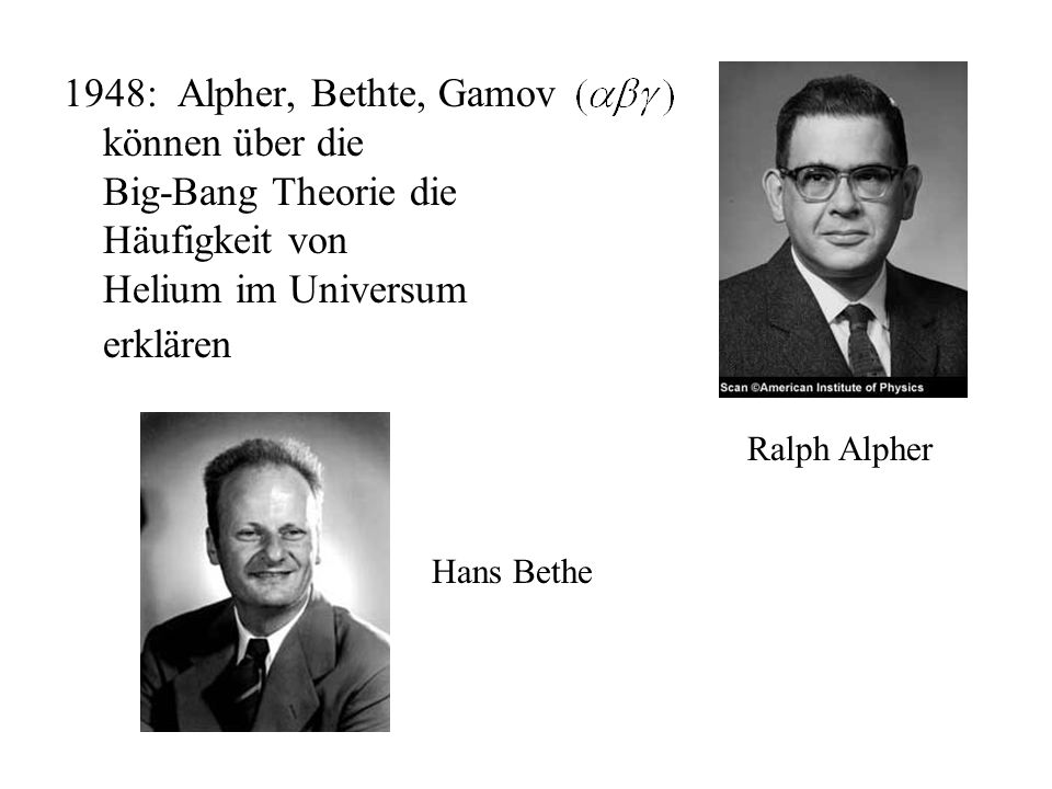 1948: Alpher, Bethte, Gamov können über die