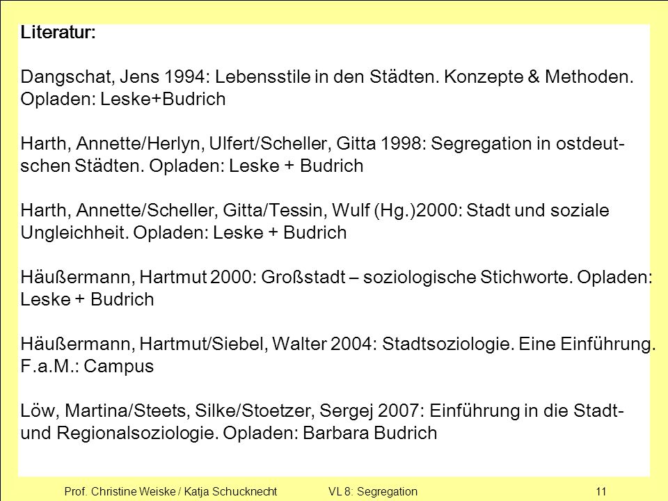 Literatur: Dangschat, Jens 1994: Lebensstile in den Städten. Konzepte & Methoden. Opladen: Leske+Budrich.