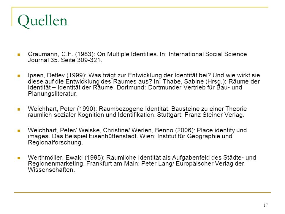 Quellen Graumann, C.F. (1983): On Multiple Identities. In: International Social Science Journal 35. Seite