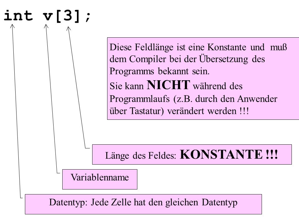 int v[3]; Diese Feldlänge ist eine Konstante und muß dem Compiler bei der Übersetzung des Programms bekannt sein.