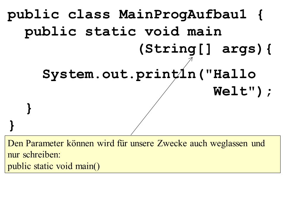 System.out.println( Hallo Welt ); } }