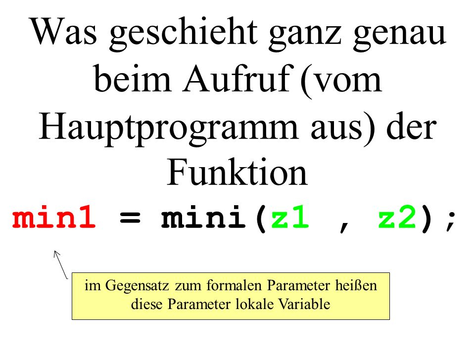 Was geschieht ganz genau beim Aufruf (vom Hauptprogramm aus) der Funktion min1 = mini(z1 , z2);