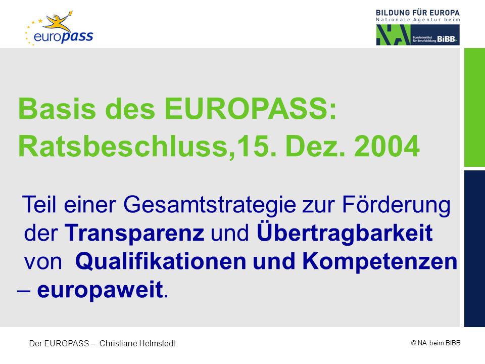 Basis des EUROPASS: Ratsbeschluss,15. Dez. 2004