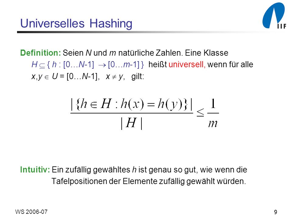 Universelles Hashing Definition: Seien N und m natürliche Zahlen. Eine Klasse. H  { h : [0…N-1]  [0…m-1] } heißt universell, wenn für alle.