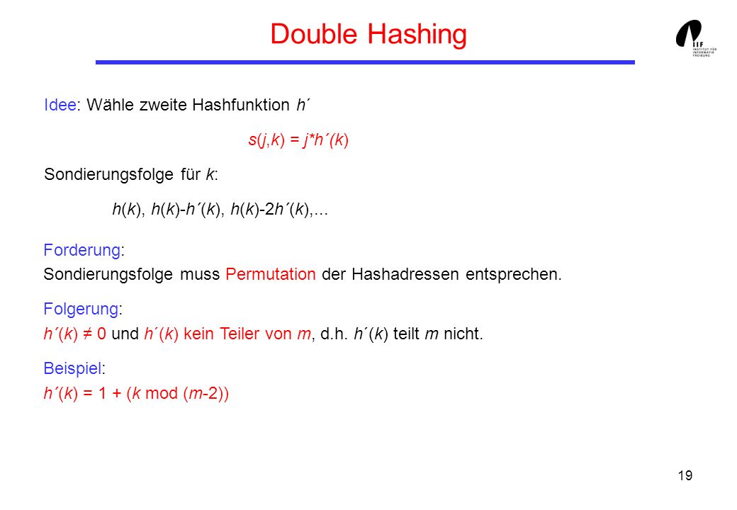 Double Hashing Idee: Wähle zweite Hashfunktion h´ s(j,k) = j*h´(k)