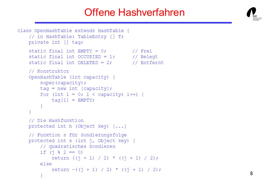 Offene Hashverfahren class OpenHashTable extends HashTable { // in HashTable: TableEntry [] T; private int [] tag;