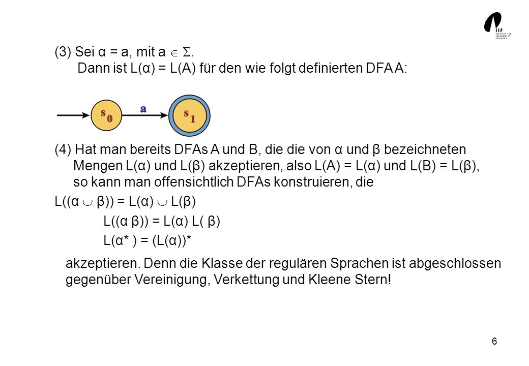 (3) Sei α = a, mit a  . Dann ist L(α) = L(A) für den wie folgt definierten DFA A: