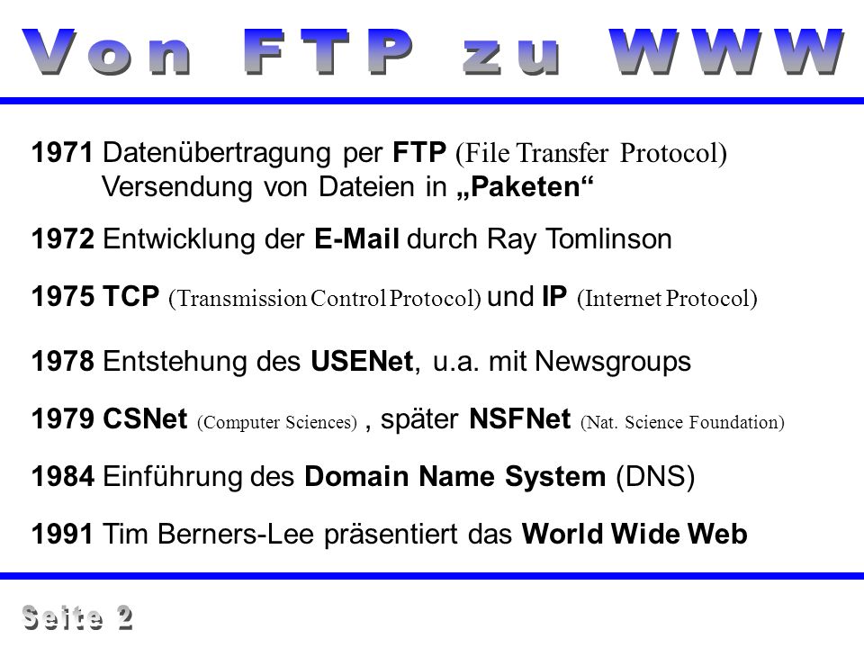 Von FTP zu WWW 1971 Datenübertragung per FTP (File Transfer Protocol) Versendung von Dateien in „Paketen