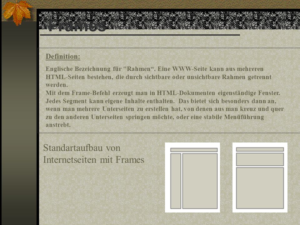 Frames Standartaufbau von Internetseiten mit Frames Definition: