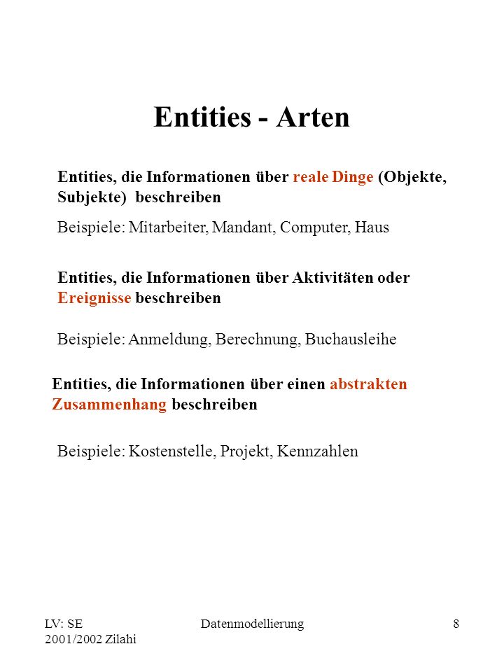 Entities - Arten Entities, die Informationen über reale Dinge (Objekte, Subjekte) beschreiben. Beispiele: Mitarbeiter, Mandant, Computer, Haus.