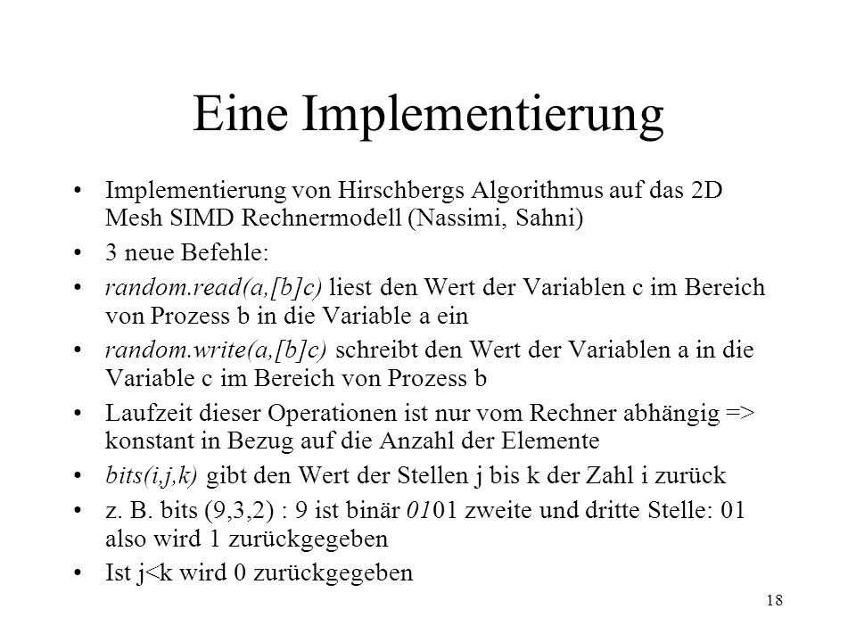 Eine Implementierung Implementierung von Hirschbergs Algorithmus auf das 2D Mesh SIMD Rechnermodell (Nassimi, Sahni)