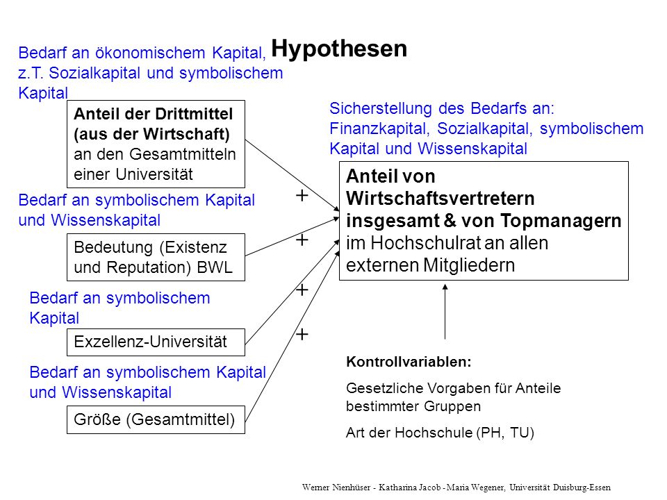 Hypothesen Bedarf an ökonomischem Kapital, z.T. Sozialkapital und symbolischem Kapital. Bedarf an symbolischem Kapital und Wissenskapital.