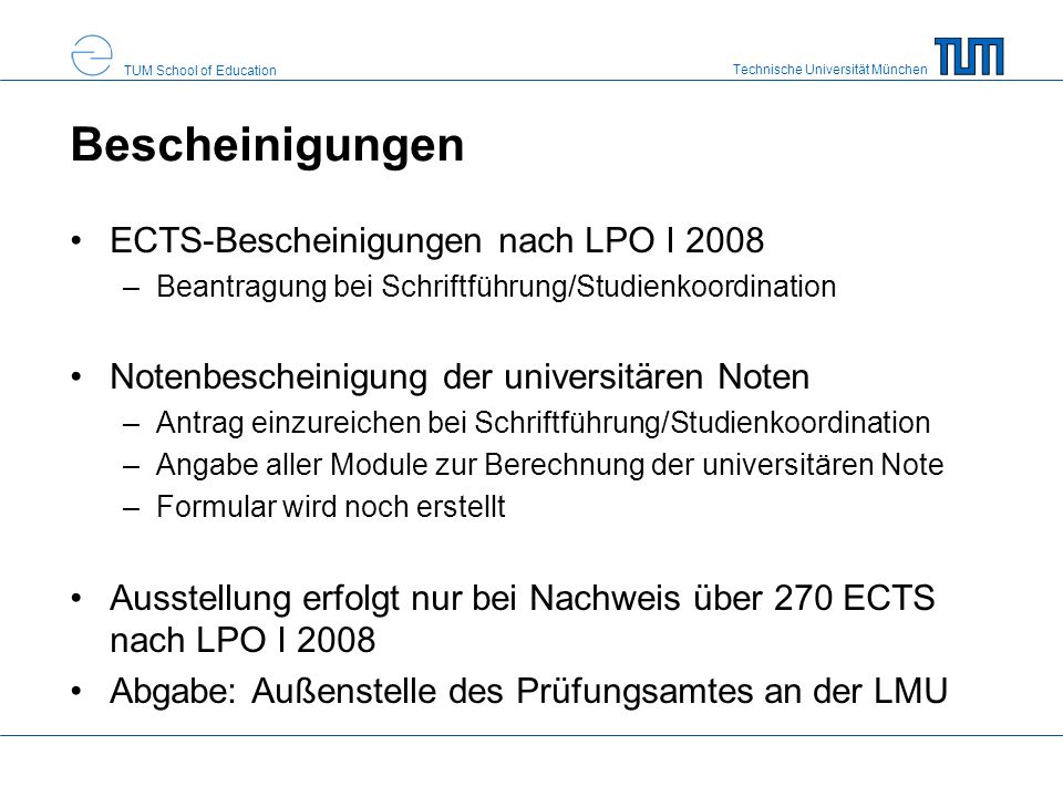 Bescheinigungen ECTS-Bescheinigungen nach LPO I 2008