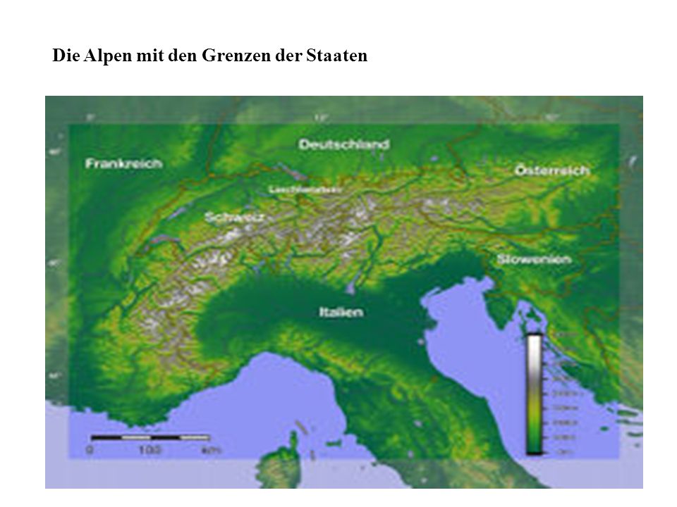 Die Alpen mit den Grenzen der Staaten