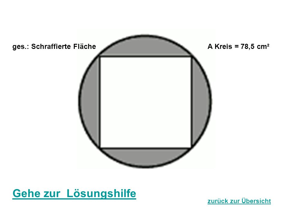 Gehe zur Lösungshilfe ges.: Schraffierte Fläche A Kreis = 78,5 cm²