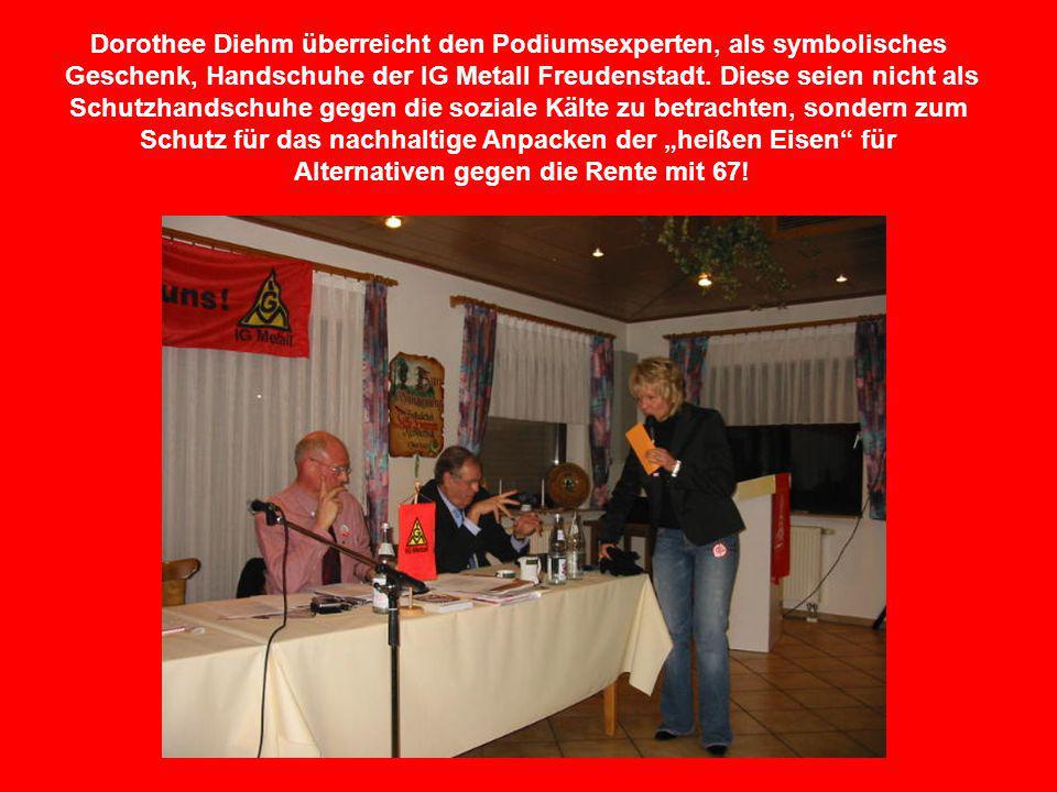 Dorothee Diehm überreicht den Podiumsexperten, als symbolisches