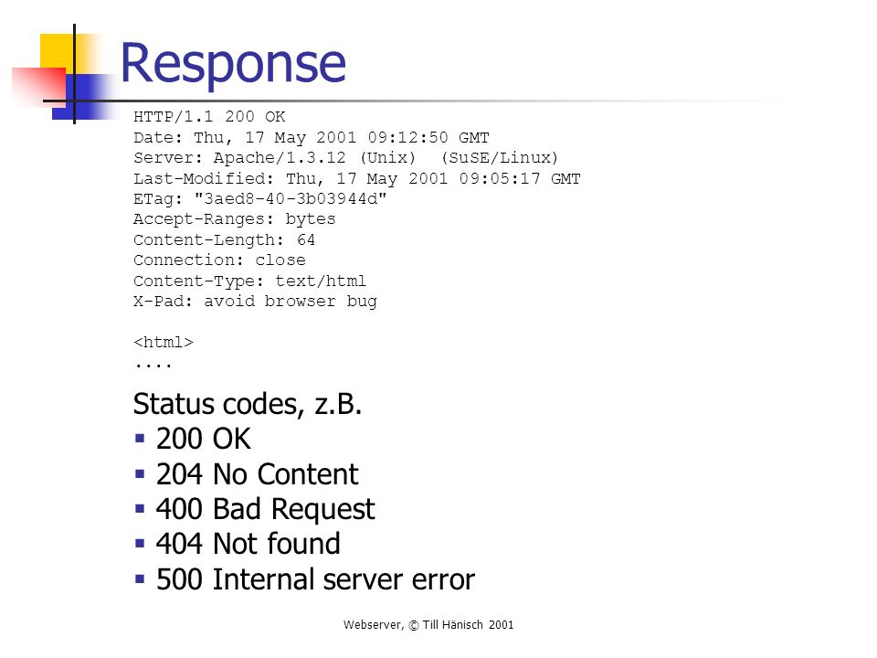 Response Status codes, z.B. 200 OK 204 No Content 400 Bad Request