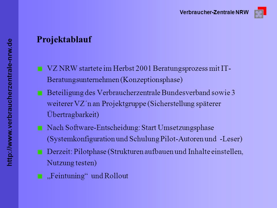 Projektablauf VZ NRW startete im Herbst 2001 Beratungsprozess mit IT-Beratungsunternehmen (Konzeptionsphase)