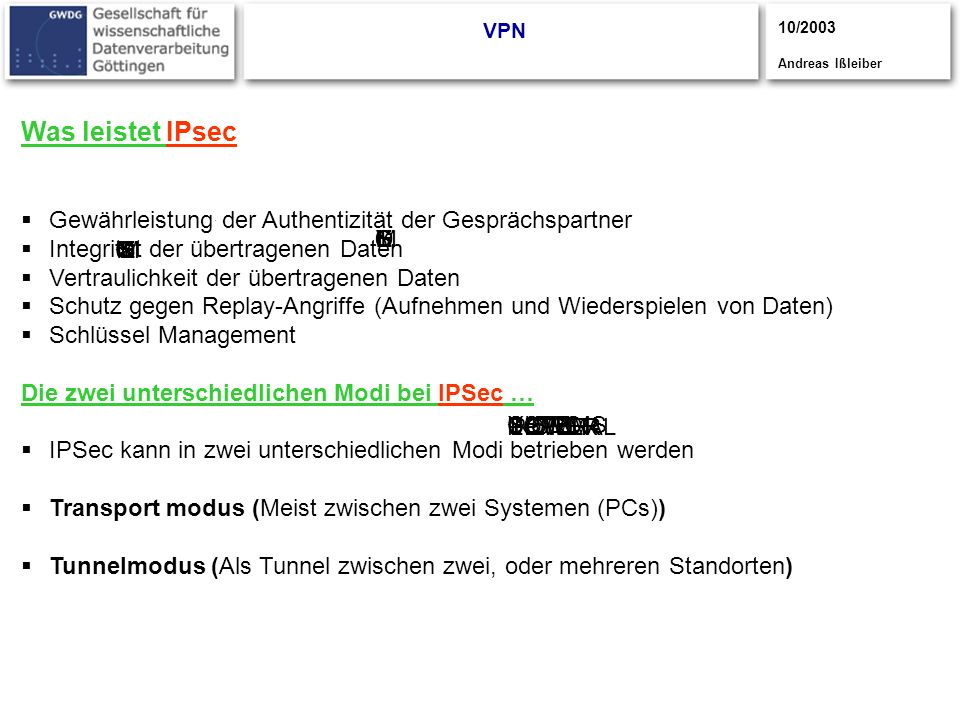 VPN 10/2003. Andreas Ißleiber. Was leistet IPsec. Gewährleistung der Authentizität der Gesprächspartner.