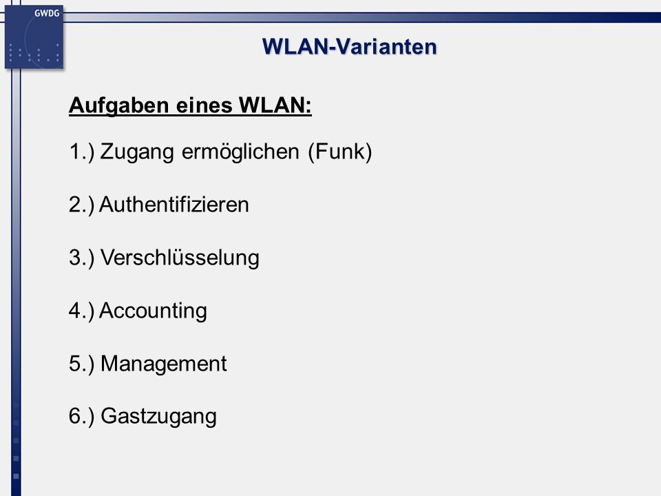 WLAN-Varianten Aufgaben eines WLAN: 1.) Zugang ermöglichen (Funk) 2.) Authentifizieren. 3.) Verschlüsselung.