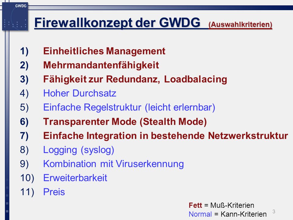 Firewallkonzept der GWDG (Auswahlkriterien)