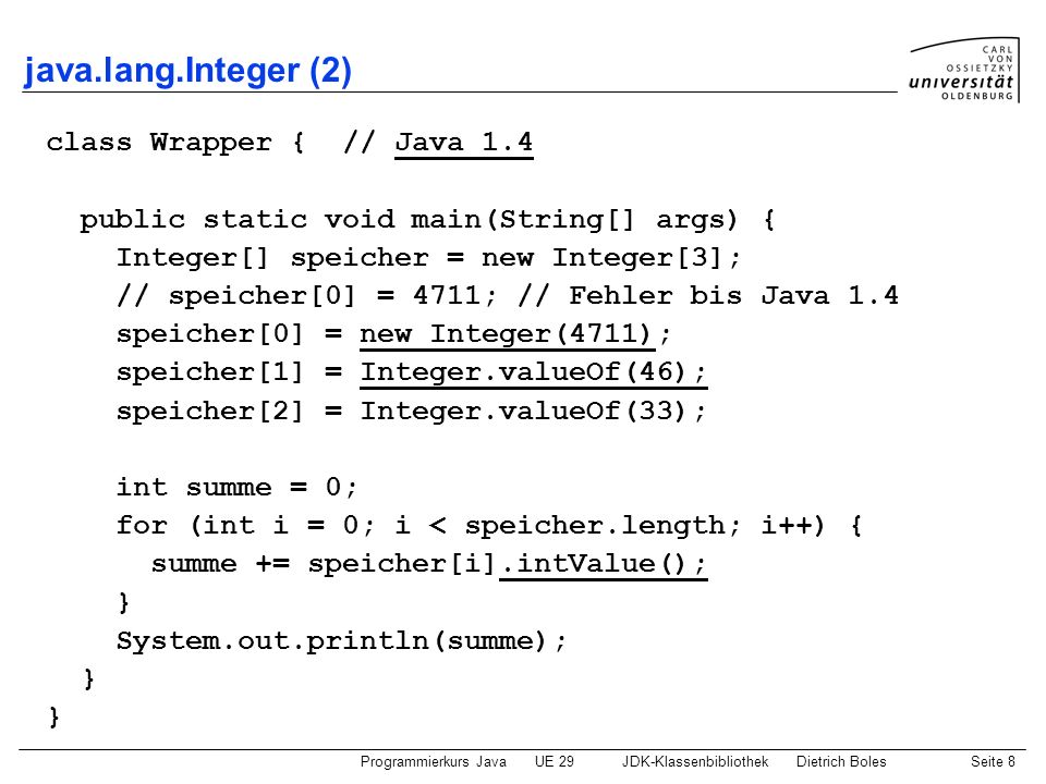 java.lang.Integer (2) class Wrapper { // Java 1.4