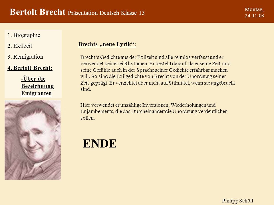 ENDE Bertolt Brecht Präsentation Deutsch Klasse Biographie