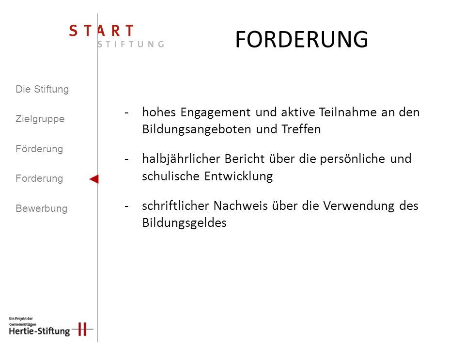 FORDERUNG Die Stiftung. Zielgruppe. Förderung. Forderung. Bewerbung. hohes Engagement und aktive Teilnahme an den Bildungsangeboten und Treffen.