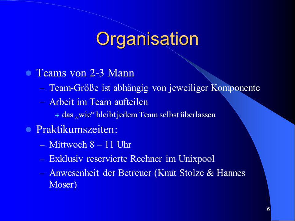 Organisation Teams von 2-3 Mann Praktikumszeiten: