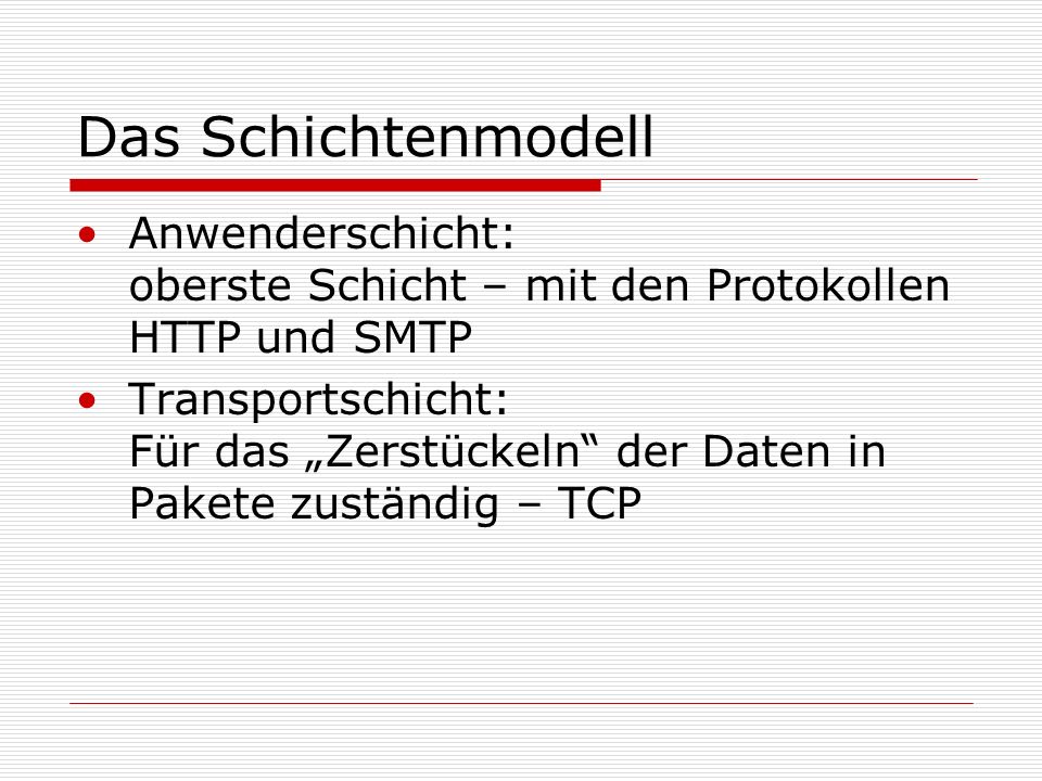 Das Schichtenmodell Anwenderschicht: oberste Schicht – mit den Protokollen HTTP und SMTP.