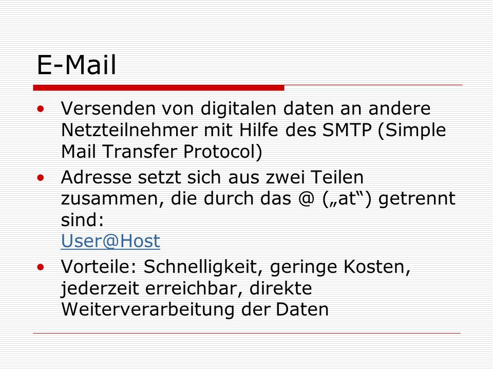 Versenden von digitalen daten an andere Netzteilnehmer mit Hilfe des SMTP (Simple Mail Transfer Protocol)