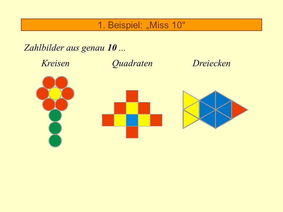 1. Beispiel: „Miss 10 Zahlbilder aus genau Kreisen Quadraten Dreiecken