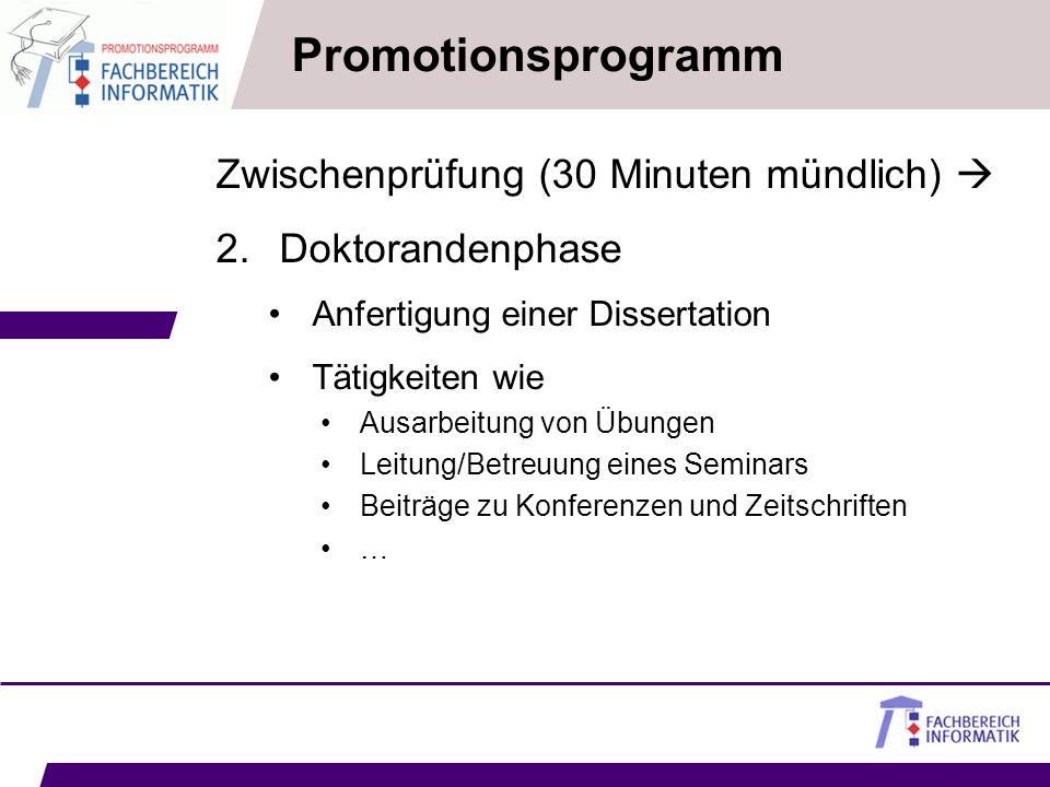 Promotionsprogramm Zwischenprüfung (30 Minuten mündlich) 