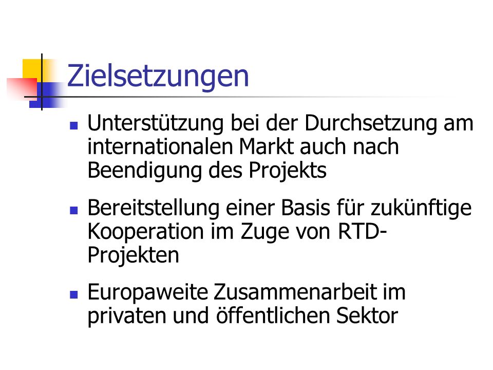 Zielsetzungen Unterstützung bei der Durchsetzung am internationalen Markt auch nach Beendigung des Projekts.