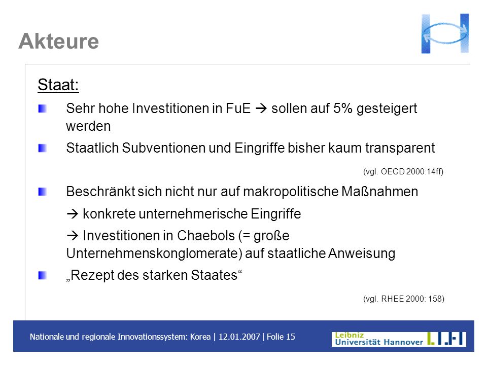 Akteure Staat: Sehr hohe Investitionen in FuE  sollen auf 5% gesteigert werden. Staatlich Subventionen und Eingriffe bisher kaum transparent.