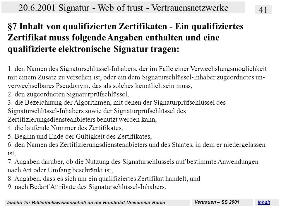 §7 Inhalt von qualifizierten Zertifikaten - Ein qualifiziertes Zertifikat muss folgende Angaben enthalten und eine qualifizierte elektronische Signatur tragen: