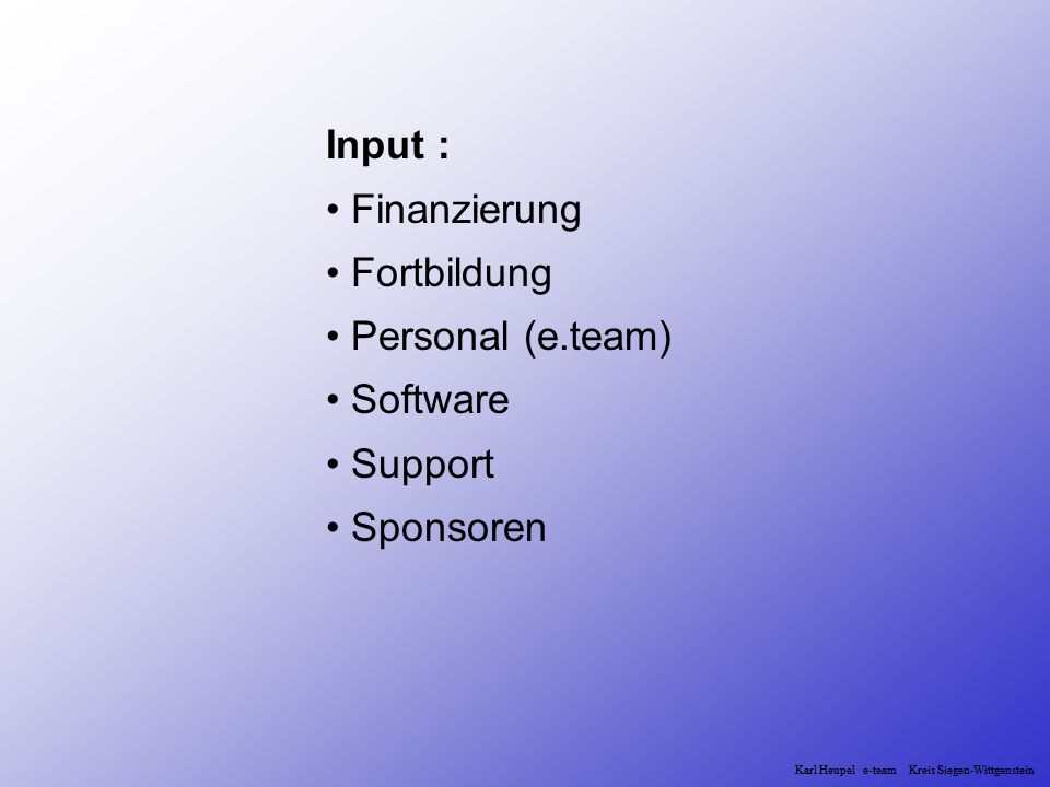 Input : Finanzierung Fortbildung Personal (e.team) Software Support