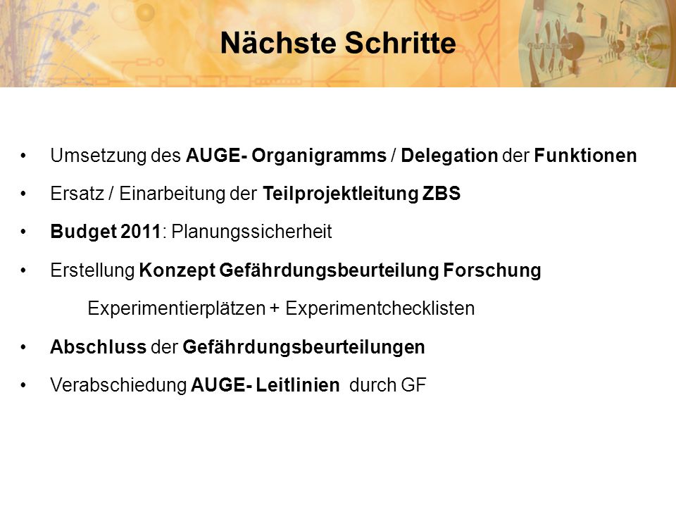 Nächste Schritte Umsetzung des AUGE- Organigramms / Delegation der Funktionen. Ersatz / Einarbeitung der Teilprojektleitung ZBS.