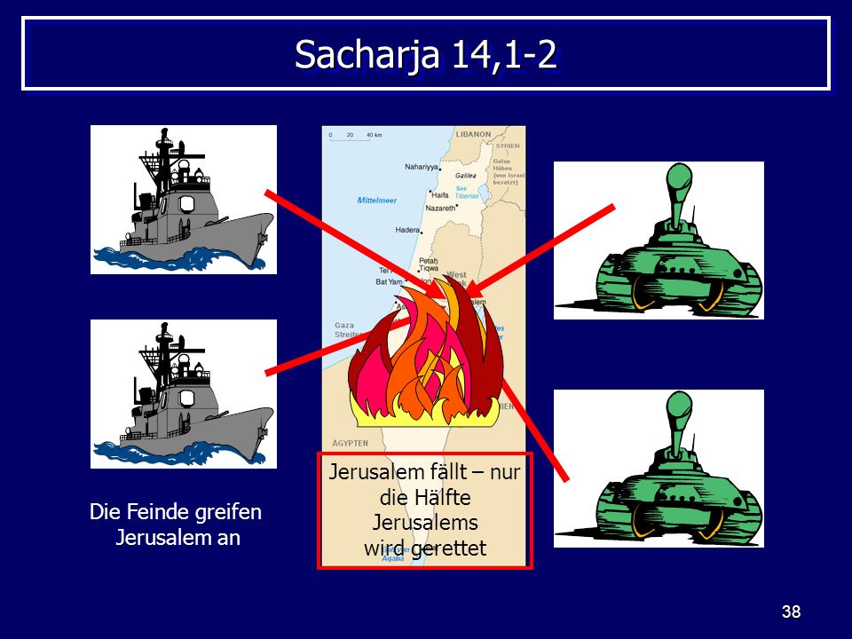 Sacharja 14,1-2 Jerusalem fällt – nur die Hälfte Jerusalems wird gerettet.