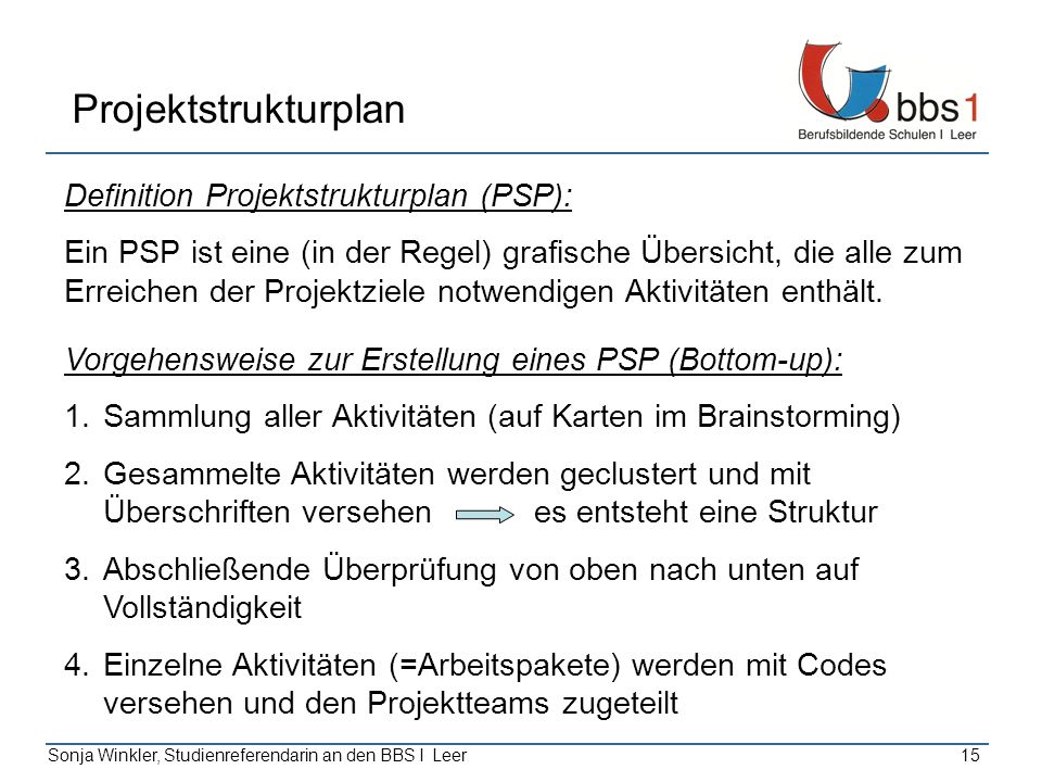 Projektstrukturplan Definition Projektstrukturplan (PSP):