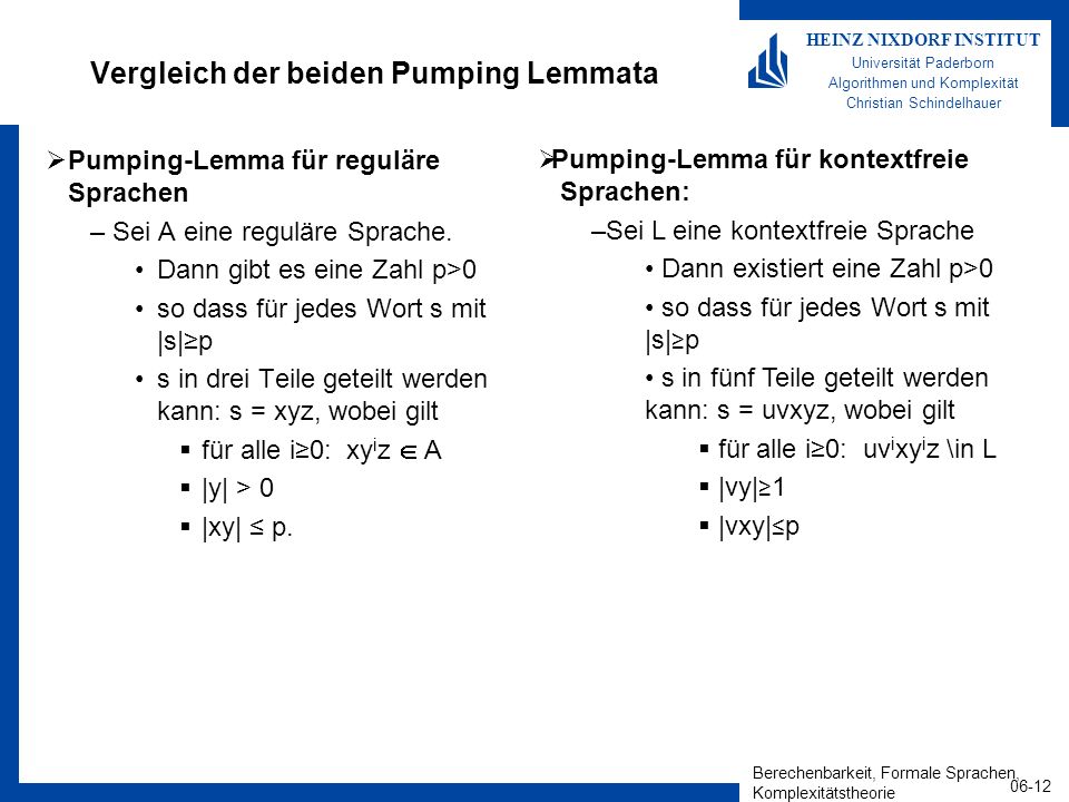 Vergleich der beiden Pumping Lemmata