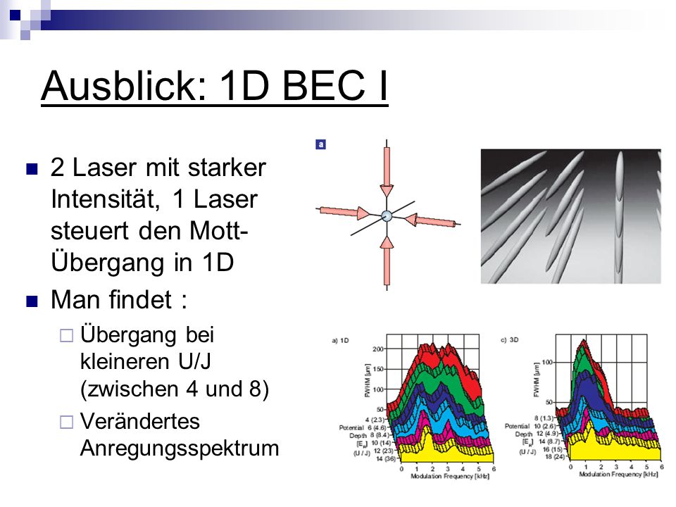 Ausblick: 1D BEC I 2 Laser mit starker Intensität, 1 Laser steuert den Mott-Übergang in 1D. Man findet :