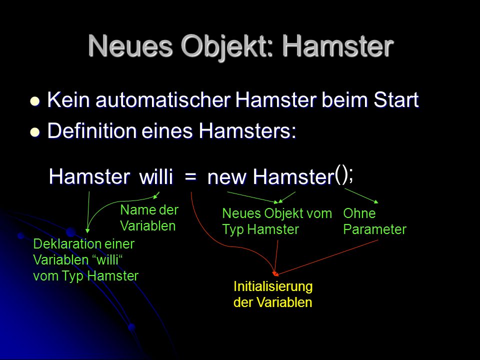 Neues Objekt: Hamster Kein automatischer Hamster beim Start