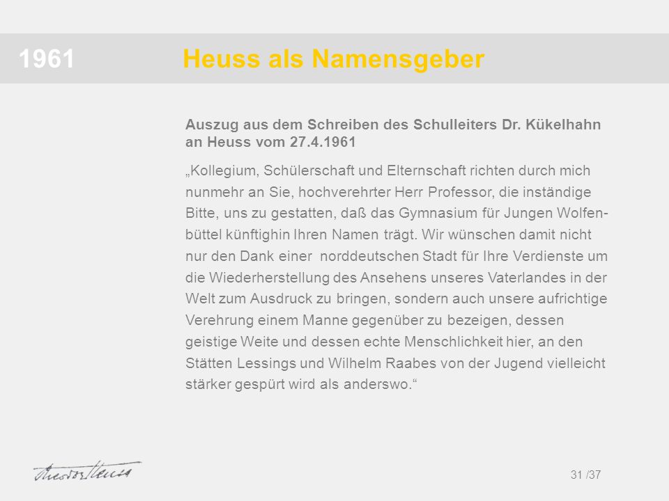 1961 Heuss als Namensgeber. Auszug aus dem Schreiben des Schulleiters Dr. Kükelhahn an Heuss vom