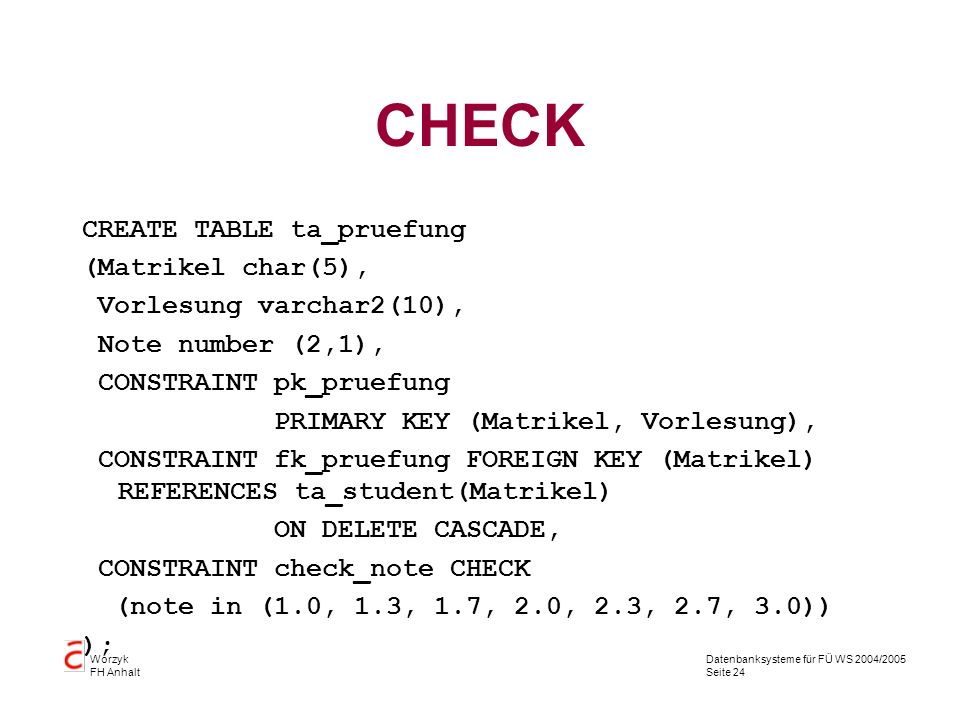 CHECK CREATE TABLE ta_pruefung (Matrikel char(5),