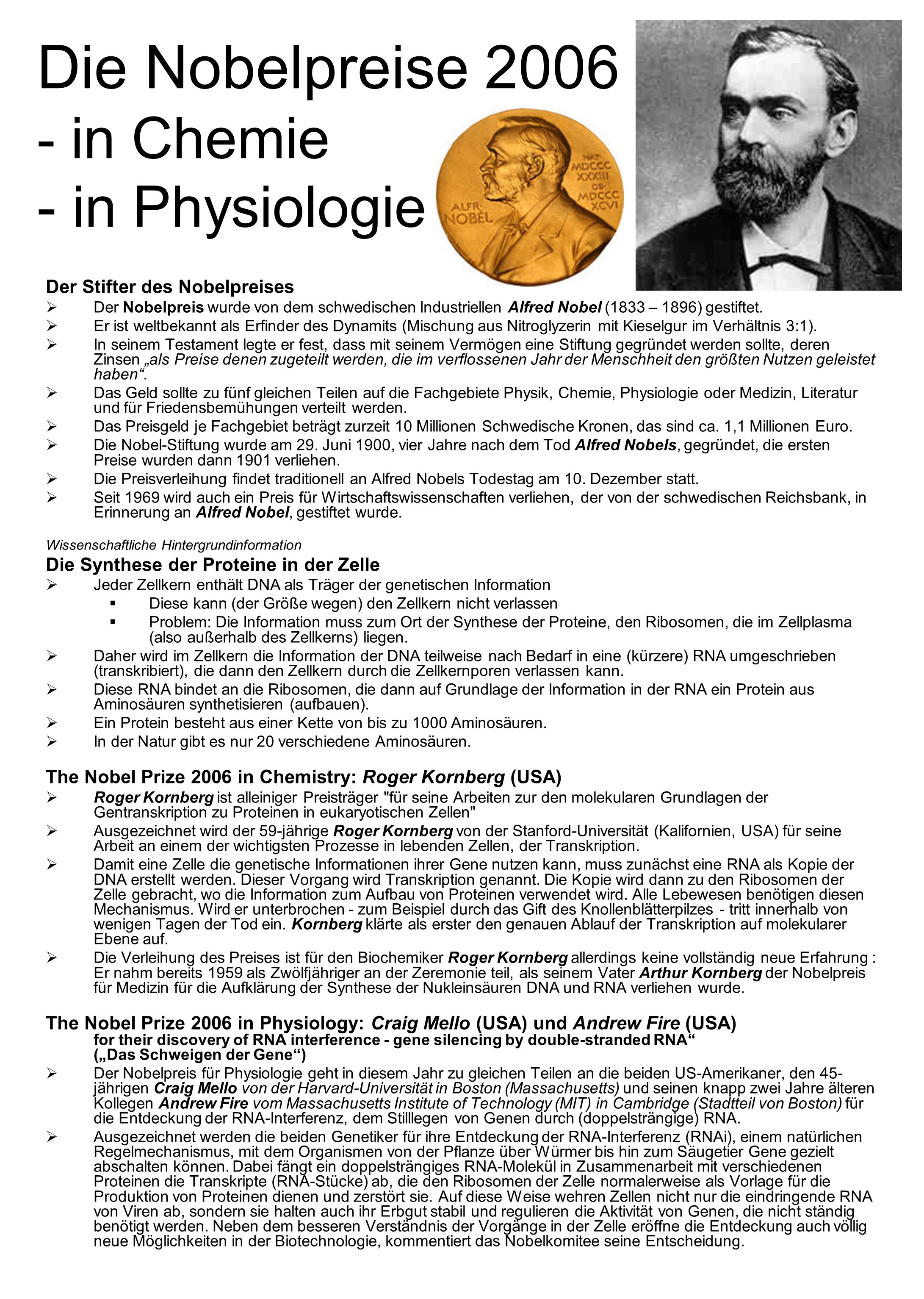 Die Nobelpreise in Chemie - in Physiologie