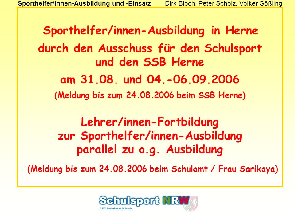 Sporthelfer/innen-Ausbildung in Herne durch den Ausschuss für den Schulsport und den SSB Herne am