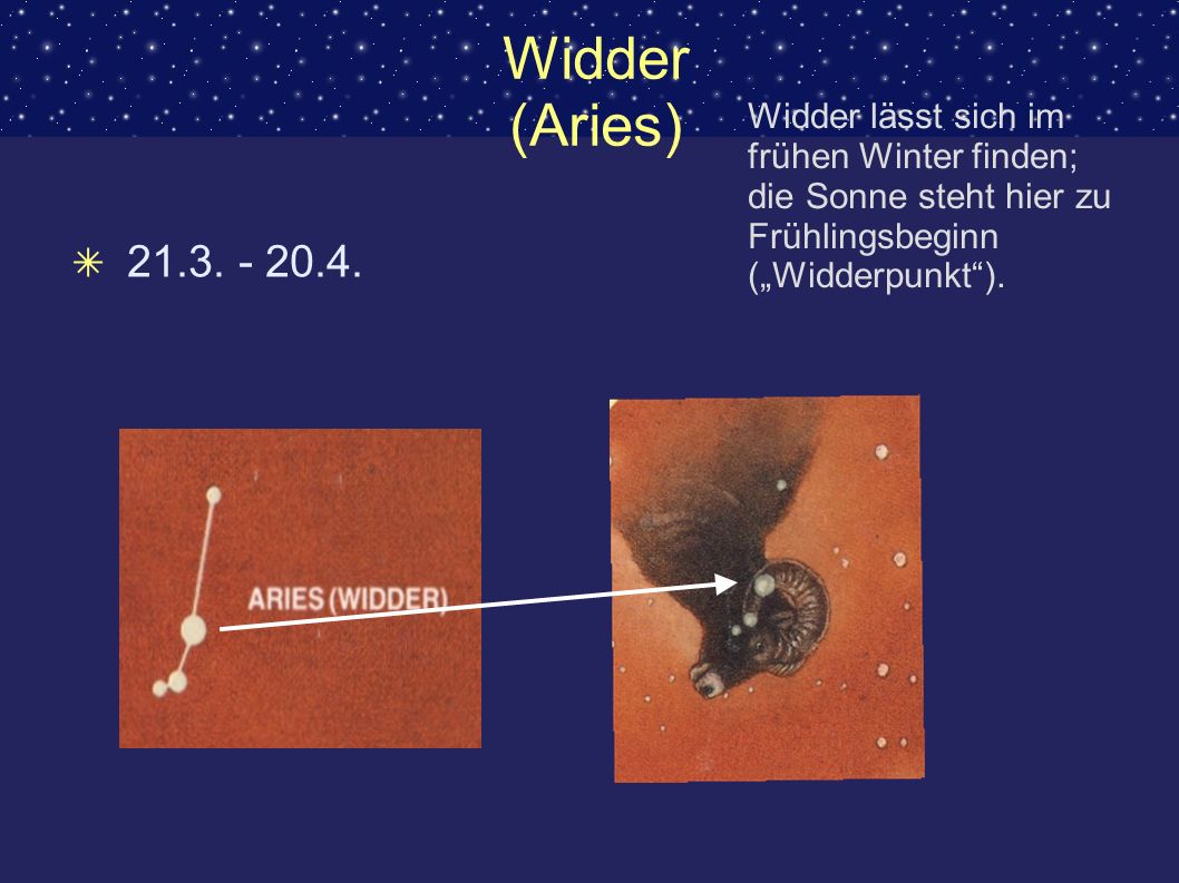 Widder (Aries) Widder lässt sich im frühen Winter finden; die Sonne steht hier zu Frühlingsbeginn („Widderpunkt ).